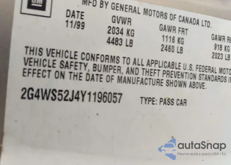 2000 Buick Century Custom из США, поврежденный, VIN 2G4WS52J4Y1196057